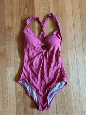 Kona Sol Hot Pink Ribbed One-Piece with Front Ring